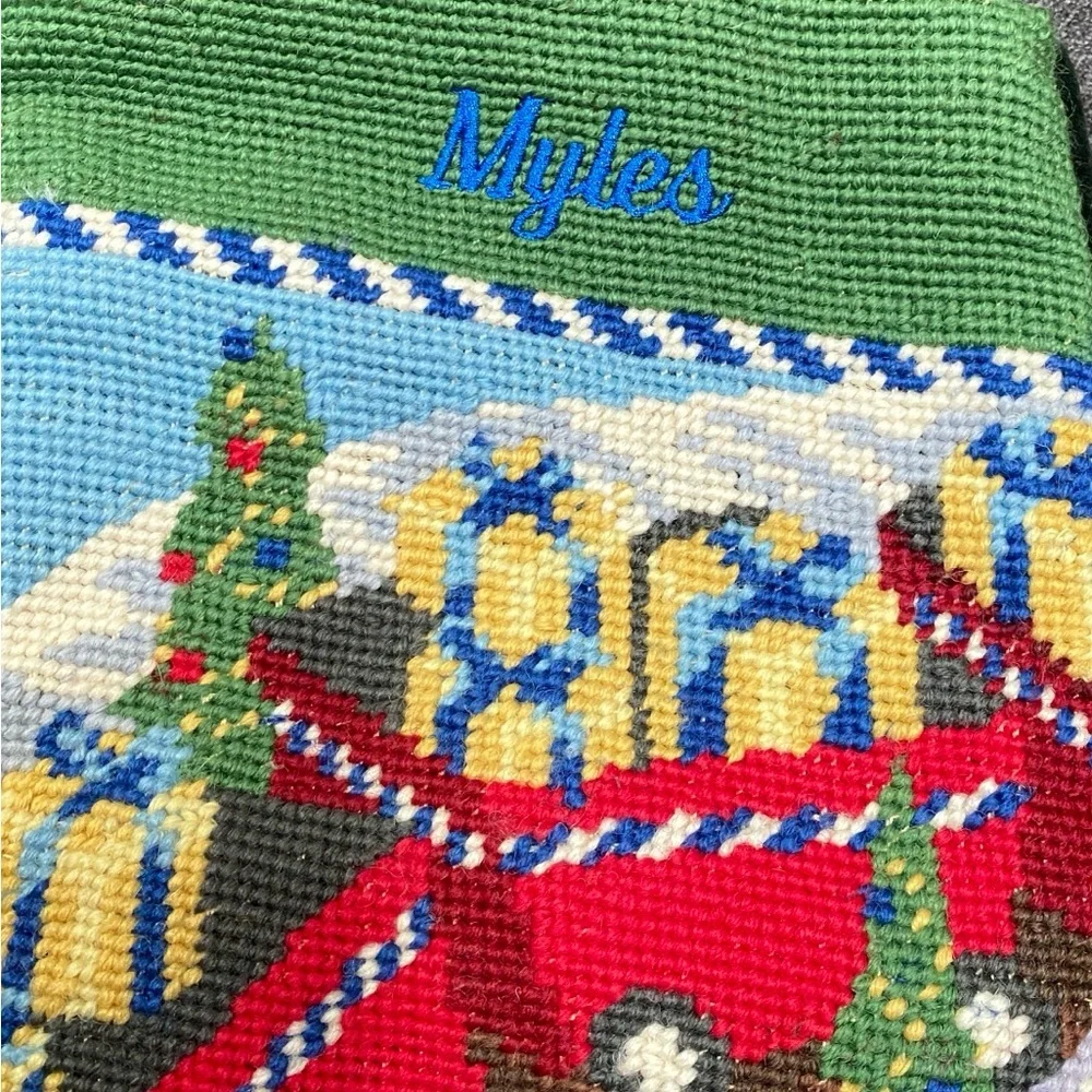 Festive Christmas Stocking Toy Train Needlepoint Monogrammed Myles